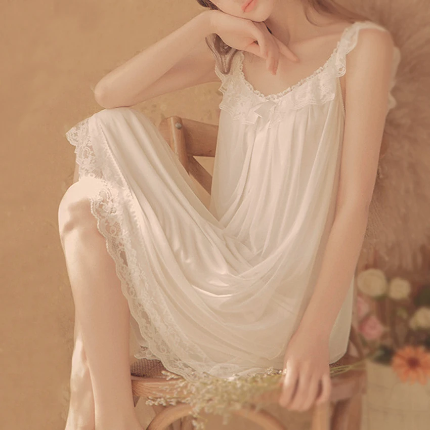 Women Lady Girl Solid Color White Pink Lace Elegant Nightgowns Princess Nightdress Sleepwear Lolita Summer Sleeveless Sexy Dress