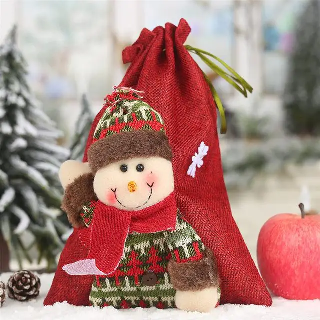 Snowman Новогодние рождественские украшения для дома, льняная Подарочная сумка на шнурке, большие конфетные рождественские мешки, праздничная мультяшная сумка Apple FZ167 - Цвет: Snowman