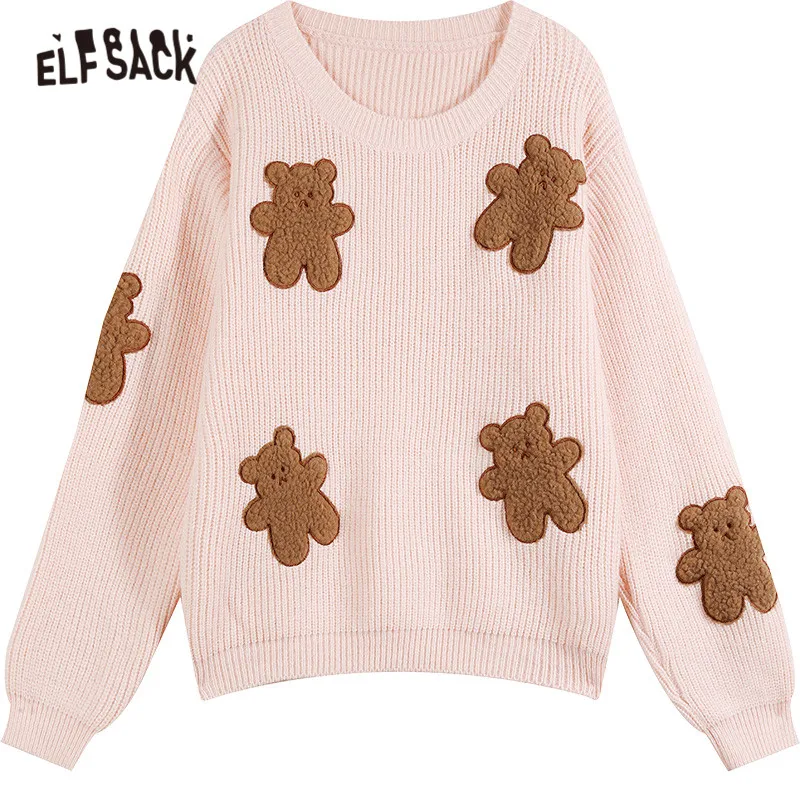 

ELFSACK Harajuku Bear Towel Embroidery Casual Knit Pullover Women Sweaters,2020 Autumn Vintage Full Sleeve,Female Daily Cute Top