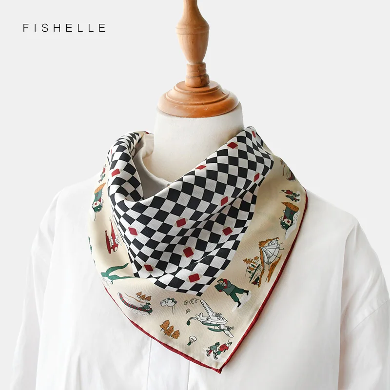 

British Retro Black and white plaid 50cm square twill silk scarf for women bandana foulard headband wrap gift scarves lady girl