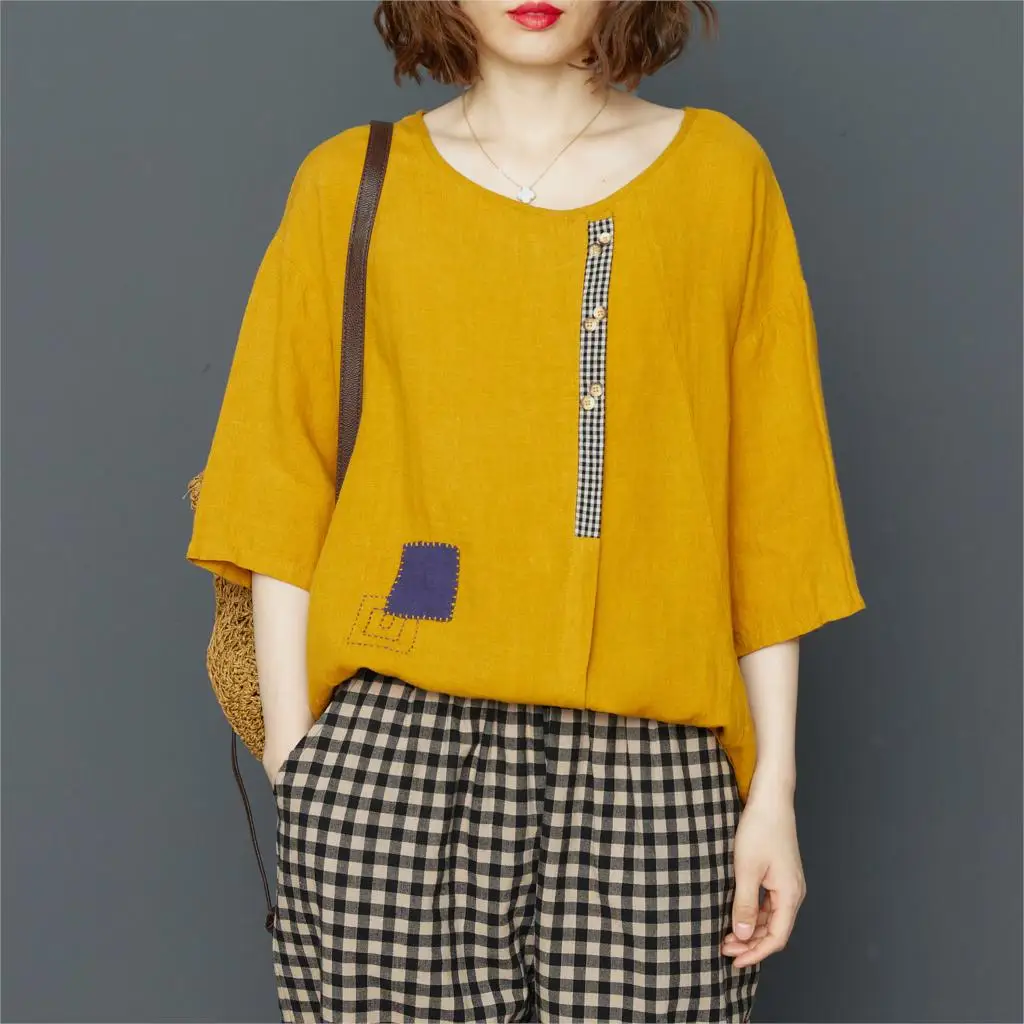 

Женские винтажные футболки из хлопка и льна Johnature, свободные желтые Топы в стиле пэчворк с круглым вырезом и рукавом до локтя для лета, 2021