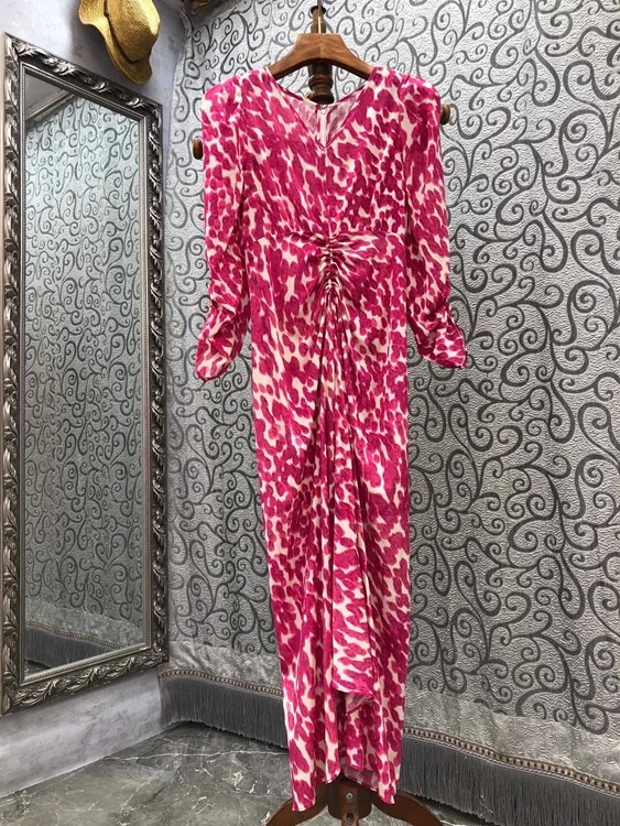 

Женское платье с длинным рукавом, длинное платье с V-образным вырезом, украшенное складками и витой юбкой, 2021, новинка 809