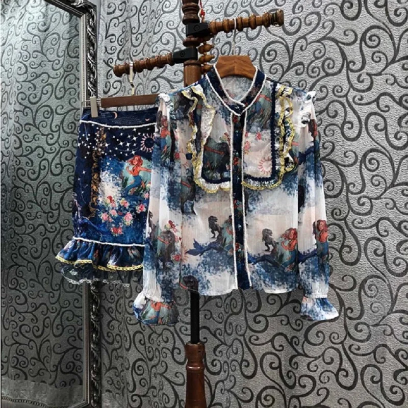 

Skirt High Qulity Suits 2021 Spring Summer 2 Piece Set Women Vintage Print Ruffle Shirt Blouse+Beautiful Girl Print Skirt Set
