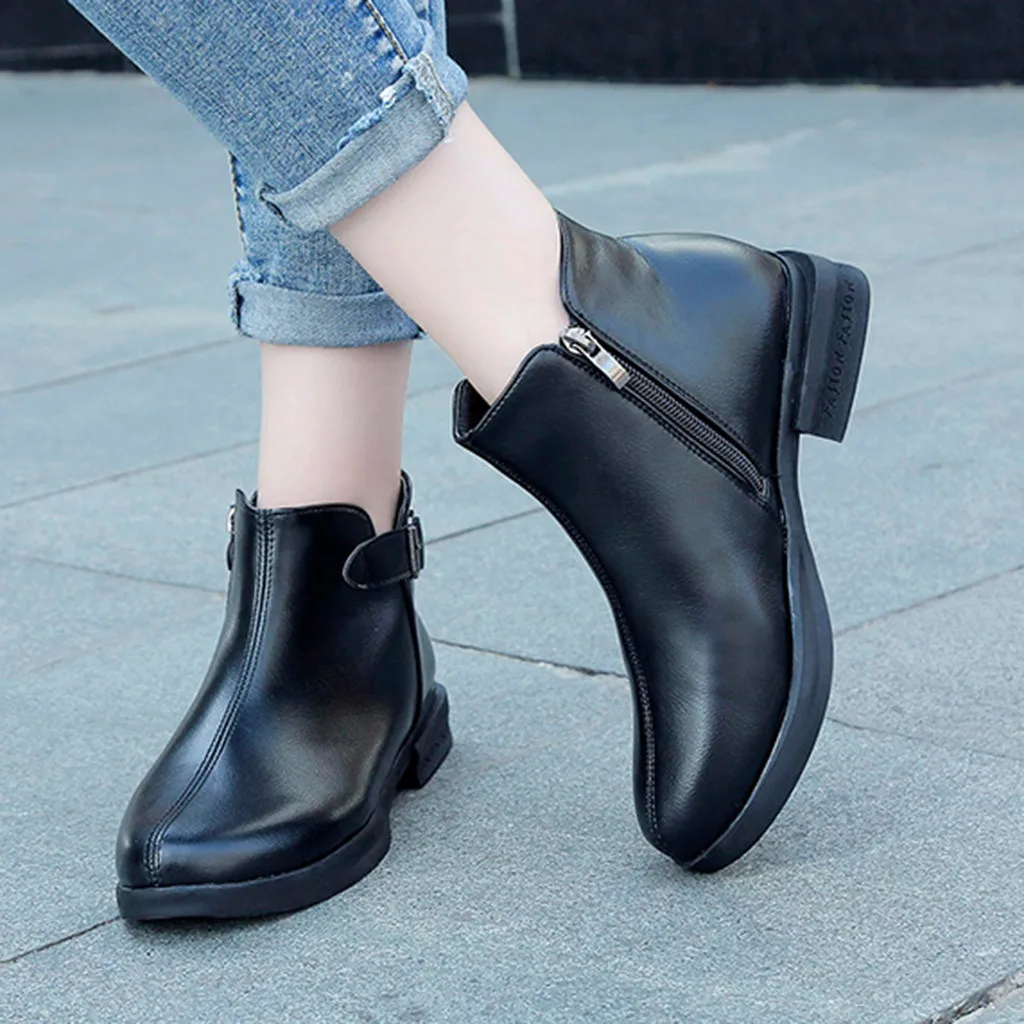 Fashion Pure Color Pointed Toe Zipper Boots Square Heels PU Leather Woman Shoes Buckle Strap Vintage Women botas mujer | Обувь