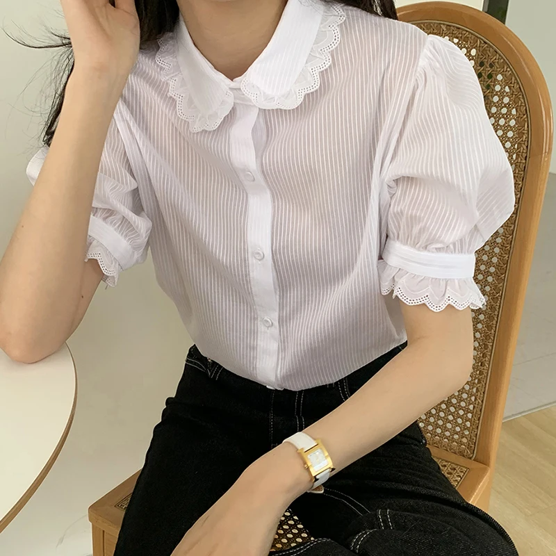 

ZAWAHIKI Korean Sweet Women Shirt Summer Peter Pan Collar Lace Patchwork Short Sleeve Single Breasted Striped Tops Loose Blouse