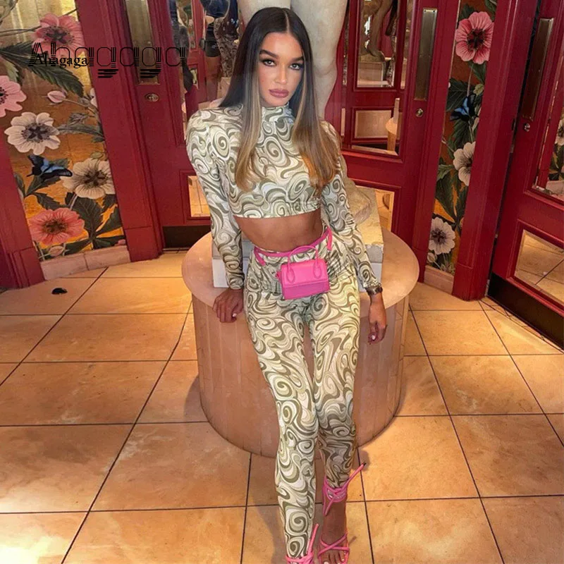 

Женский спортивный костюм AHAgaga, комплект из двух предметов с принтом пейсли, укороченный Топ с длинным рукавом и высоким воротником, зимний ...
