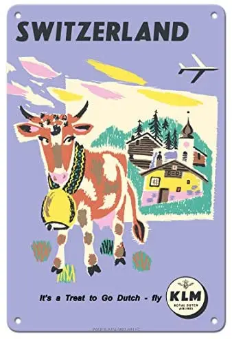 

Switzerland - Allmogekor, Swiss Cow - KLM Royal Dutch Airlines - Airline Travel Poster c.1959- Metal Sign