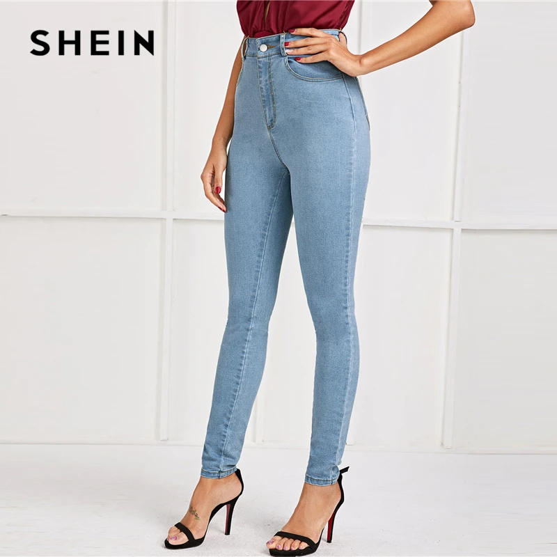 SHEIN светло-голубые облегающие повседневные джинсы на пуговицах, женские штаны, осень, уличная мода с высокой талией, длинные джинсовые брюки
