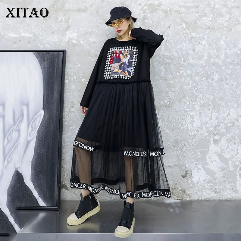 XITAO Сетчатое женское платье в Корейском стиле с модным принтом пуловер буквенным