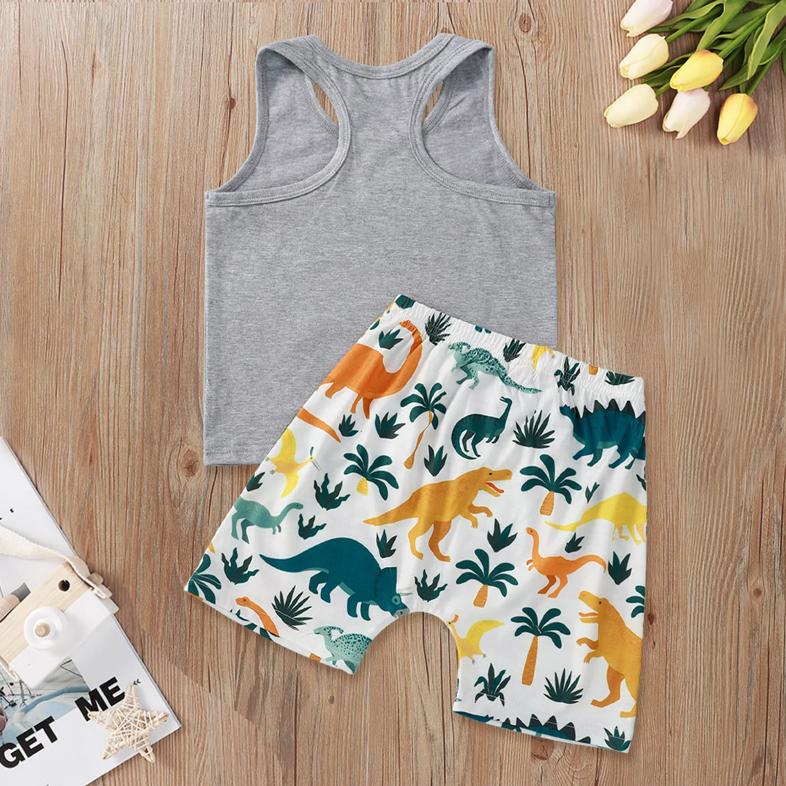 

Pudcoco 2021 Summer 1-5Y Baby Boy Sunglasses NO ONE LIKES A SHADY BEACH Sleeveless Letter Print Vest Top+Dinosaur Shorts Clothes