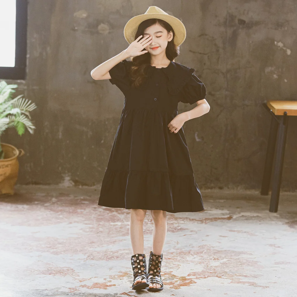 

6 To 16 Years, Kids Ruched Dress Girls Dress 2022 Children Summer Clothes Teen Dress Buttons Ruffles Baby Clothes,#6235