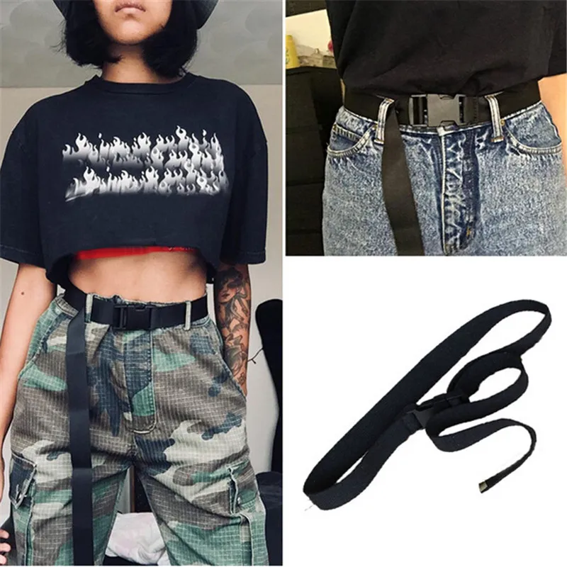 

Ремень холщовый женский с пластиковой пряжкой, однотонный длинный пояс в стиле Харадзюку, Повседневный, черного цвета