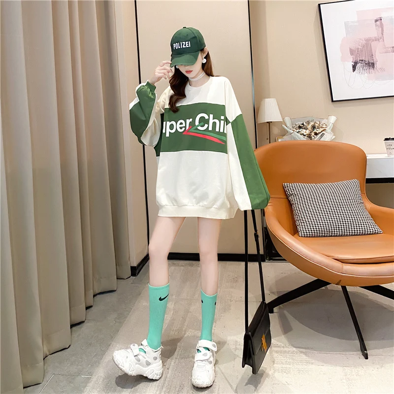

#1821 Spring Harajuku Hip Hop Sweatshirt Women Thin Loose Spliced Color Cotton O Neck Casual Sweatshirt Female Lantern Sleeved