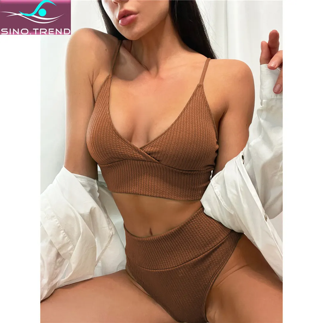 

SINO.TREND Ribbed Knotted Back High Waist Bikini Set Female Swimsuit Women Swimwear Two-pieces Gary Bather Bathing Suit Swim