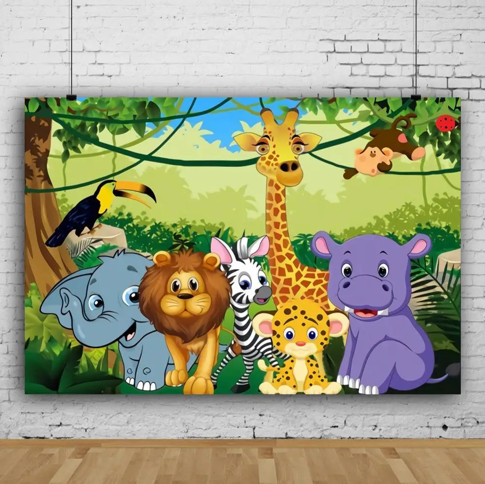 

Happy Birthday Animals Look On You Backdrops Photography Cartoon Rabbit Panda Elephant Forest Photo Background For Studio Decor