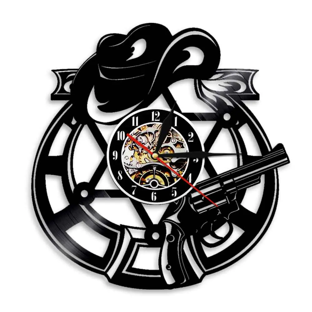 Hat and Revolver Vinyl Record Wall Clock Vintage Home Decor Cowboy Wall Decor 3D Wall Watch Clock Gift For Cowboy Lover