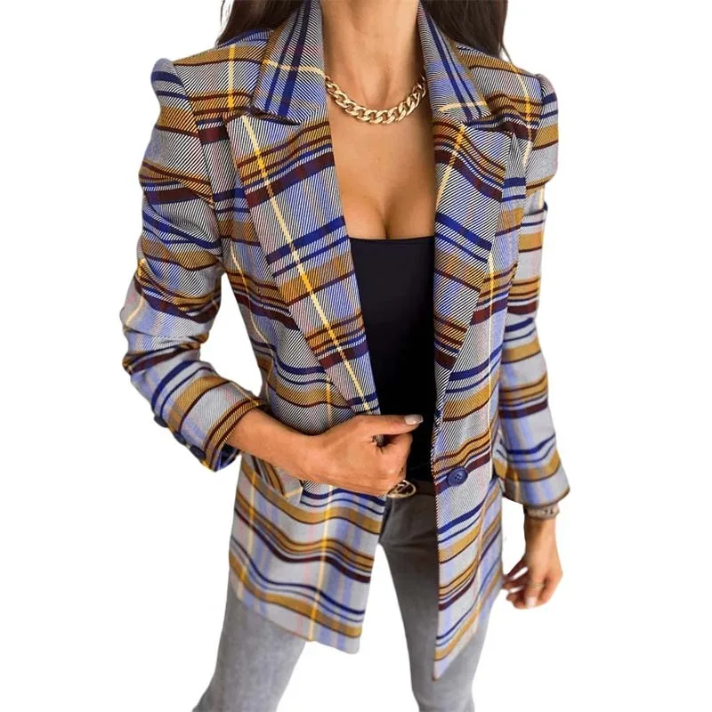 

Women Office Plaid Blazer Vintage Coat Fashion Notched Collar Long Sleeve Plus Size Chic Jacker Lady Outerwear Stylish Tops