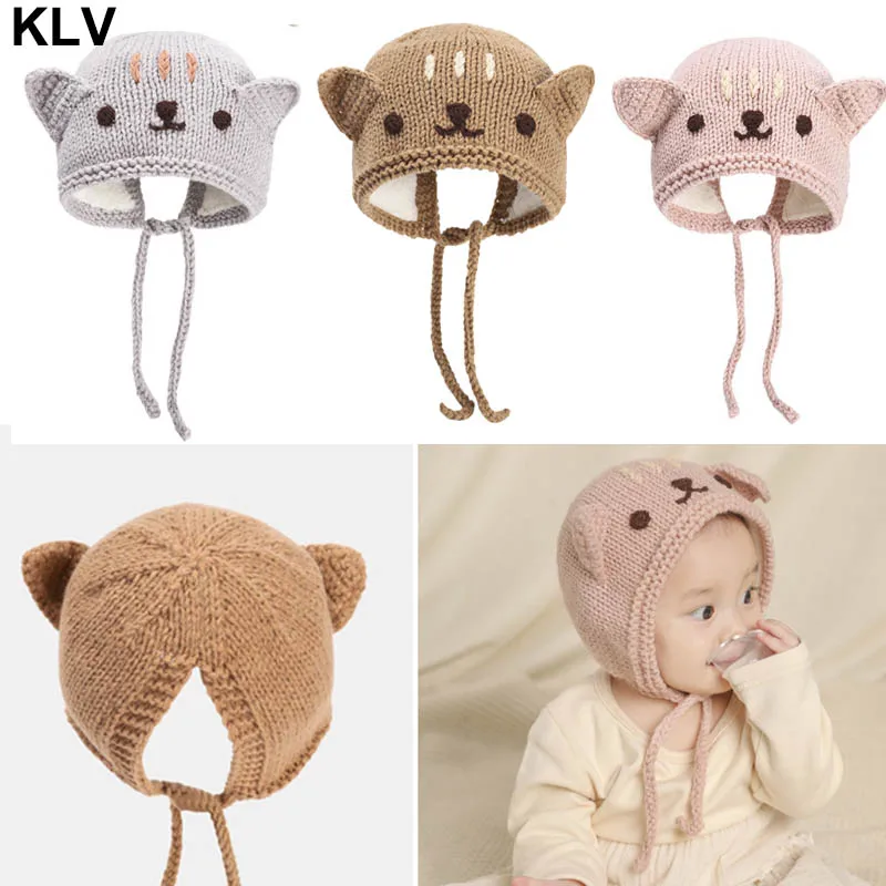 

Autumn Winter Warm Cute Cat Baby Knitted Plush Beanie Cap Ear Protection Solid Color Hat for Newborn Kids Photograph Props