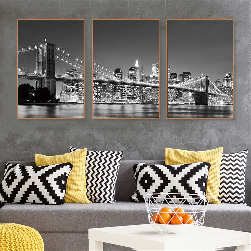 Черно белая Настенная картина Манхэттен Нью Йорк постер Бруклинский мост холст