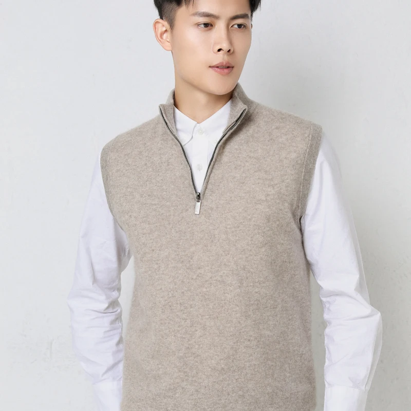 Man Sweaters Zipper Collar 100% Pure Goat Cashmere Knitted Pullovers Sleeveless Top Grade Winter Warm Male Solid-Color Vest