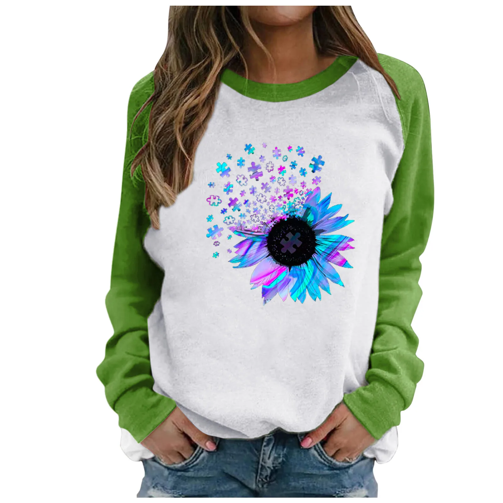 

Women's Sweatshirt Casual Round Neck Long Sleeve Flowers Print Autumn Winter Ladies Casual Loose Pullover Sweatshirts Hoodie