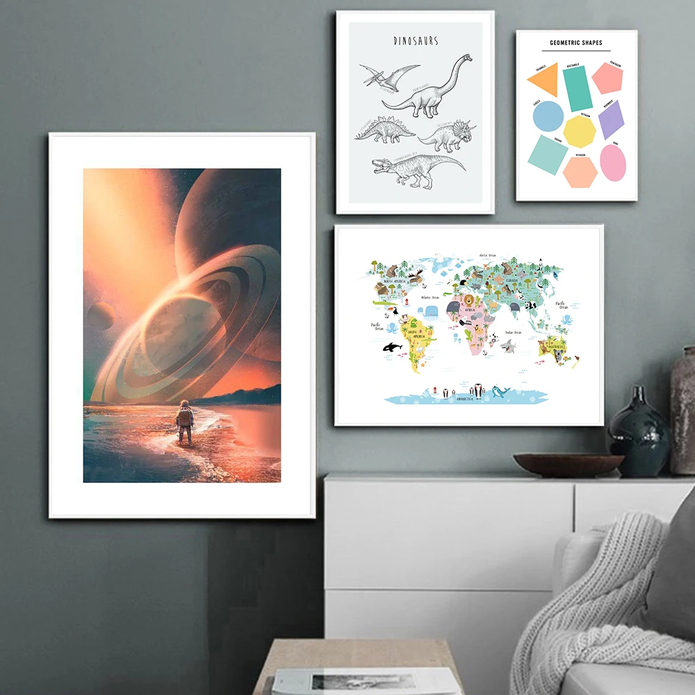 Картина на холсте с геометрическим рисунком динозавра скандинавские постеры и