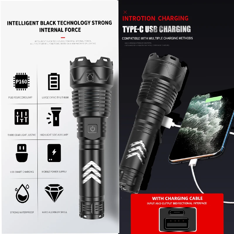 Precio Linterna LED Ultrabrillante De 90000 Lúmenes, Resistente Al Agua, Iluminación Con Zoom XHP160, 5 Modos, Lámpara De Carga USB Multifunción