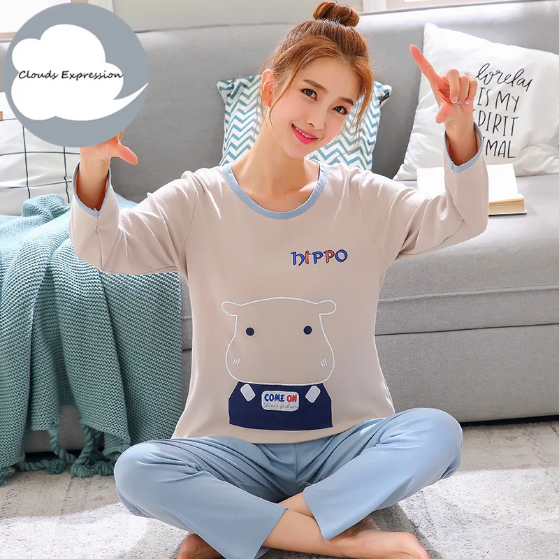 

Winter Sleep Lounge Pajama Long Sleeve Top + Long Pant Woman Pajama Set Cartoon Pyjamas Cotton Sleepwear Women M L XL XXL XXXL