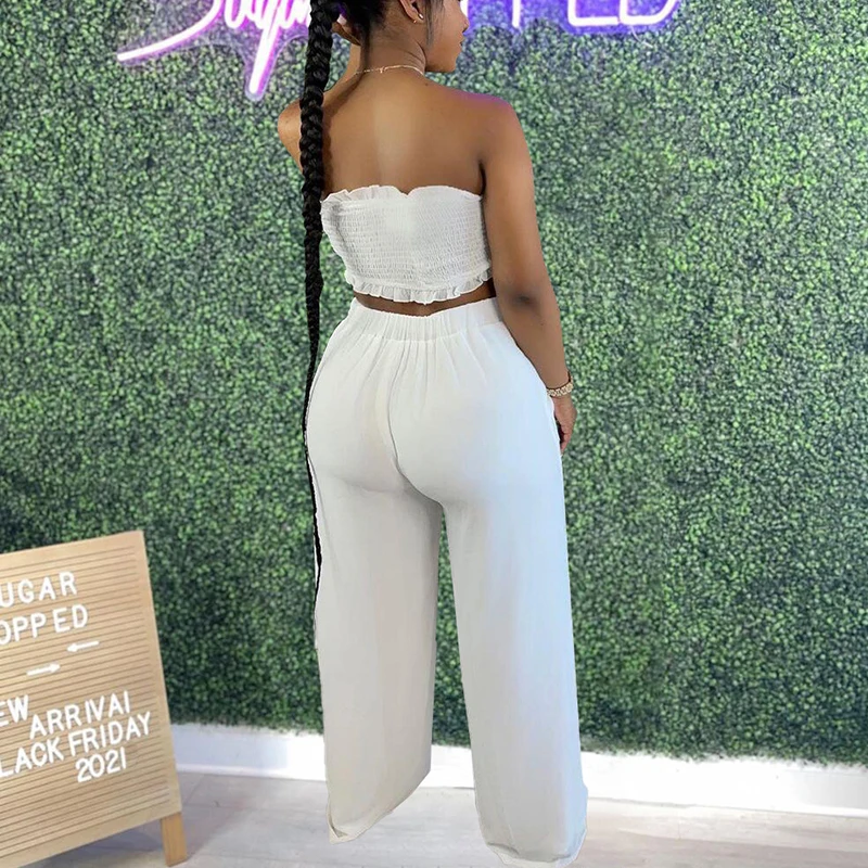 

Summer Strapless Sexy 2 Two Piece Bow Knot Design Strapless Top & Wide Leg Pants Femme Streetwear 2021 new