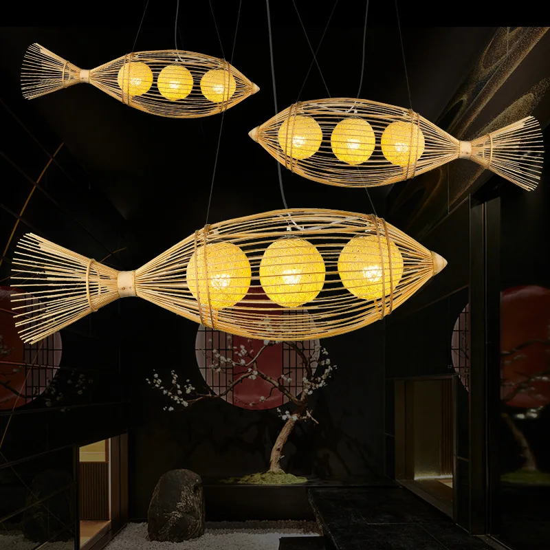 В японском стиле бамбуковое плетеная люстра в форме рыбы чайная комната горячий