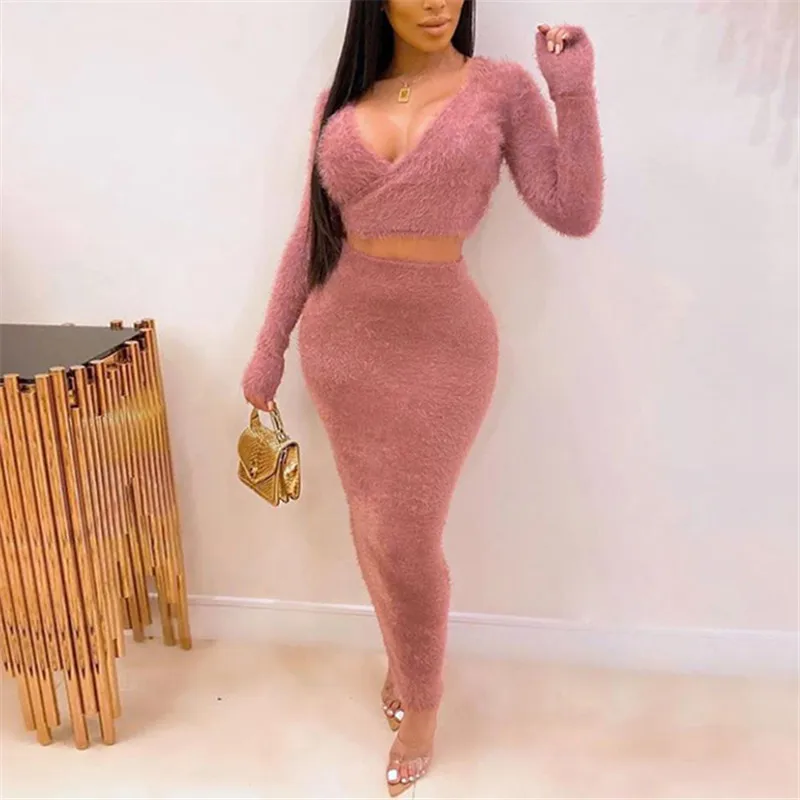 Уютный плюшевый мишка пушистый коорд наборы для женщин теплый модный однотонный