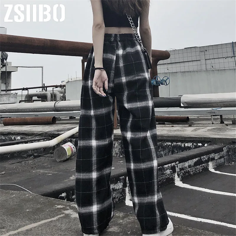 Брюки женские клетчатые с высокой талией повседневные свободные штаны в