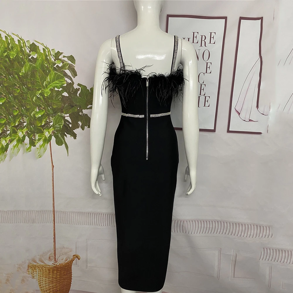 Женское Бандажное платье с черными перьями элегантное облегающее средней длины
