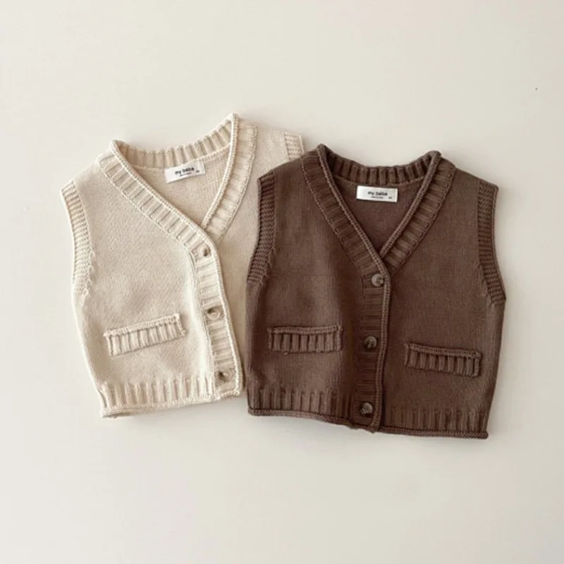 

Korean Infants Baby Simple Knitted Vest V Neck Toddler Baby Boy Knitted Sleeveless Coat Tops Casual Kids Vest Childern Waistcoat