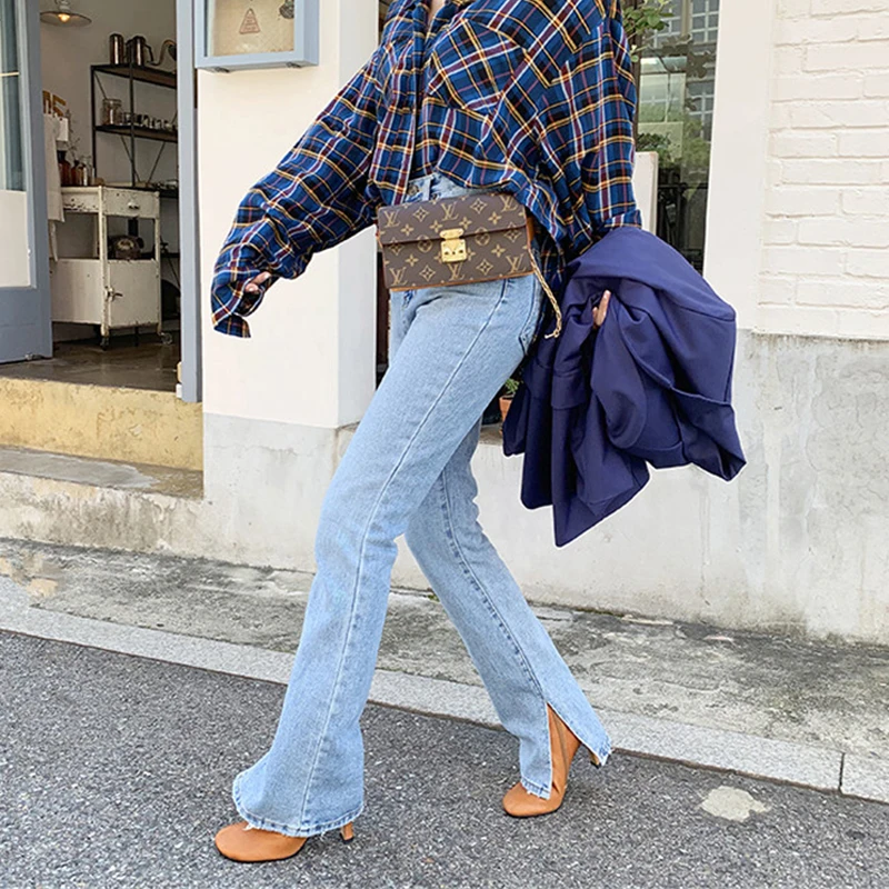 2019 осенние модные женские джинсы прямые с высокой талией для женщин Боковым