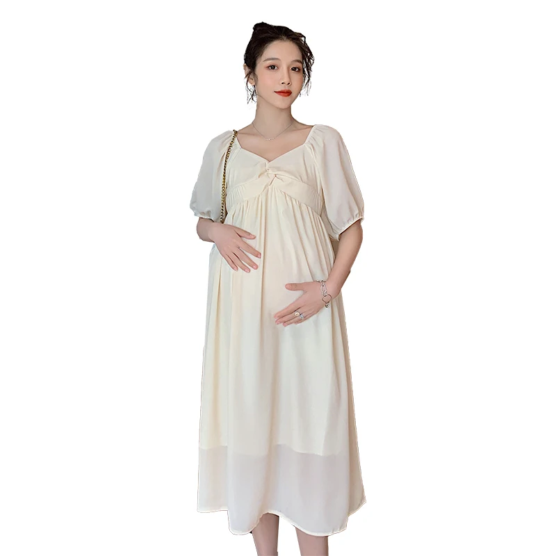 

9988# Summer Korean Fashion Chiffon Maternity Long Dress V Neck Slim High Waist Loose Clothes for Pregnant Women Pregnancy
