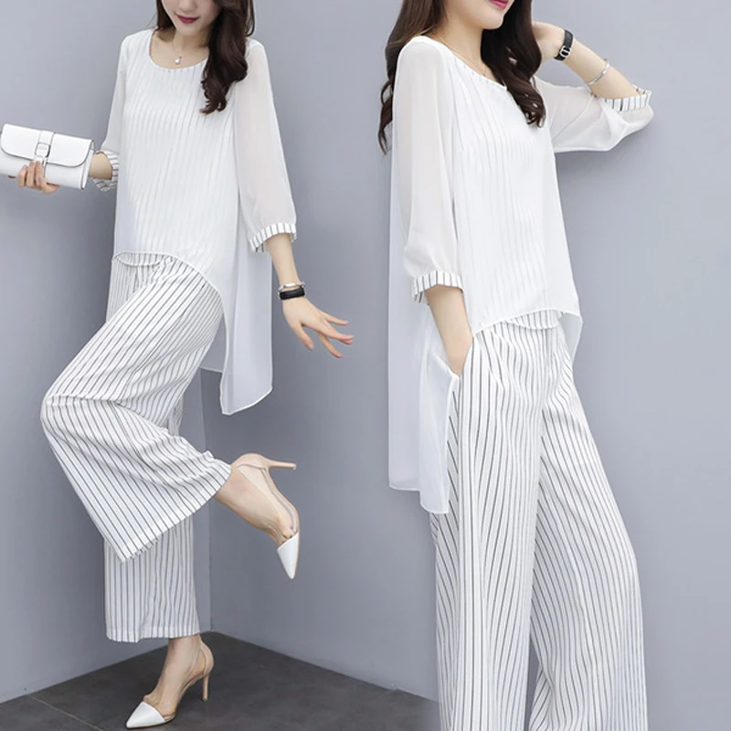 

Summer Chiffon 2 Two Piece Sets Outfits for Women Plus Size Asymmetrical Blouses And Wide Leg Pants Suits Elegant Korean Sets
