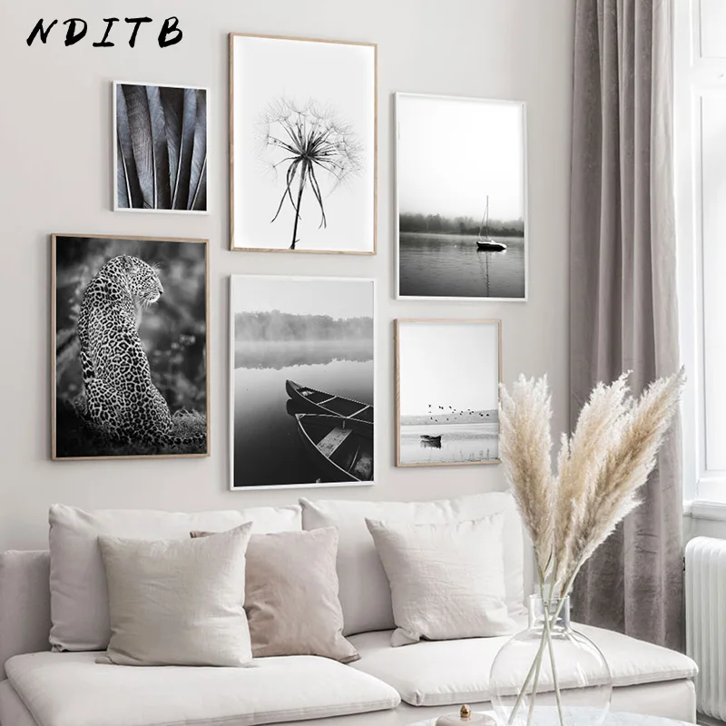 Скандинавский черный и белый постер пейзаж холст скандинавский принт леопард