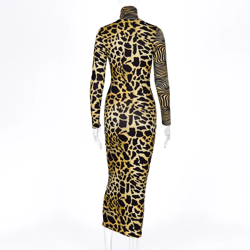 

2020 Leopard Tiger Print Long Sleeve Bodycon Sexy Dress Autumn Winter Women Patchwork Fashion Party Streetwear Outfits