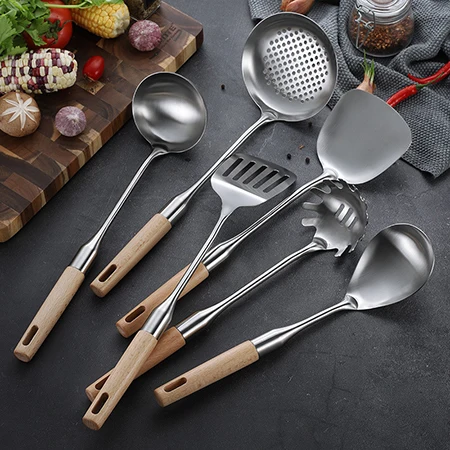 6PCS GLANYOMI 1 шт. кухонная утварь из нержавеющей стали с деревянной ручкой набор кухонных инструментов Тернер ковш ложка для ресторана кухонная утварь - Цвет: 6PCS