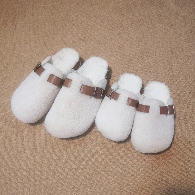

2021 New Faux Fur Mule Clogs Slippers Women Winter White Cork Warm Closed Toe Buckle Slippers Women's Shoes
