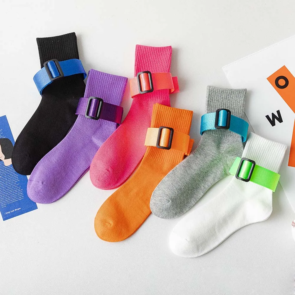 

INS Tide Cotton Calf Socks Women Candy Color Creative Bandage Decorative Socks Buckle Accessories Socks