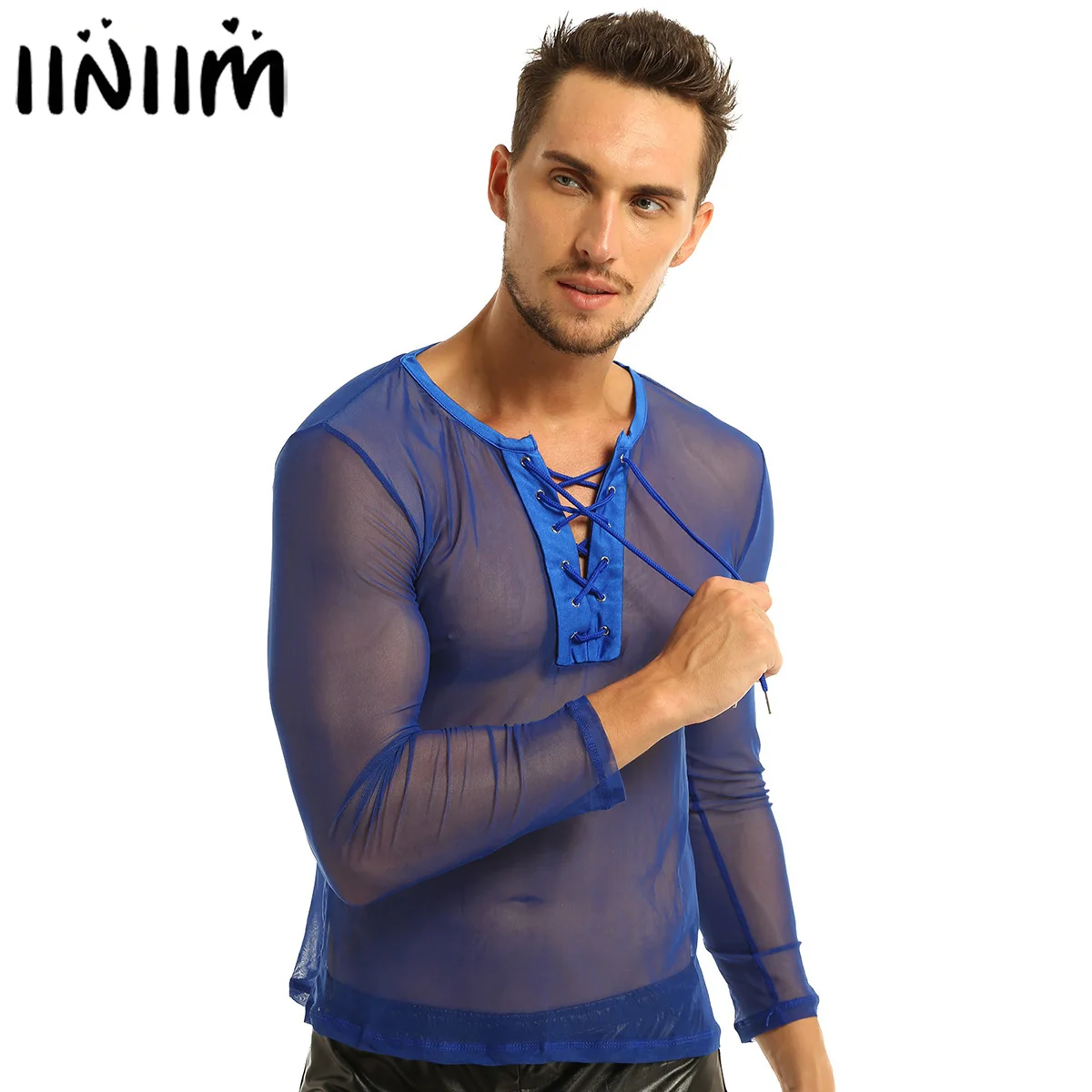 Футболка мужская сетчатая пикантный пуловер на шнуровке дышащая повседневная