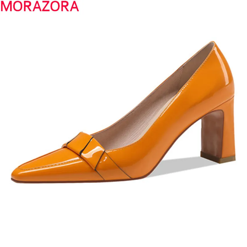 

MORAZORA 2021 New Patent Leather Women High Heels Thick High Heels Pointed Toe Party Wedding Shoes Summer Women Pumps
