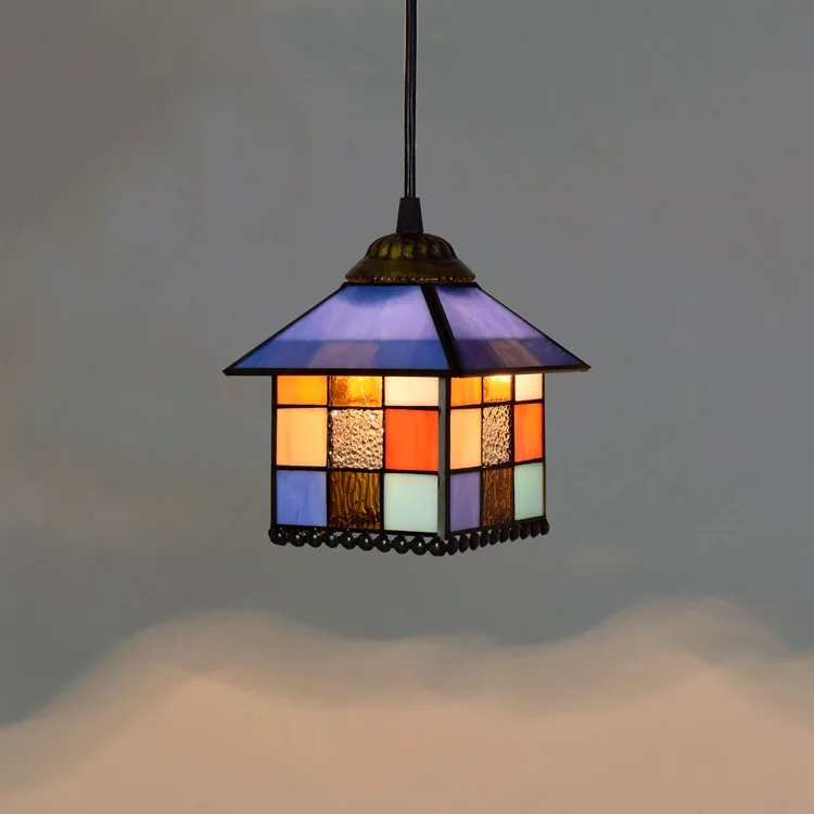 

20cm American Retro Creative Tiffany Colored Glass Small House Decoration Bar Chandelier European-Style Glass Lamp