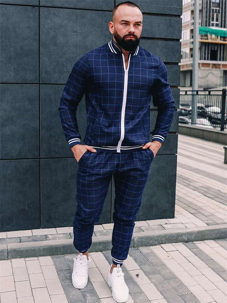 

2021 new spring and autumn men's new gentleman sportswear suit jacket suit men's sportswear suit fashion plaid two-piece leisure