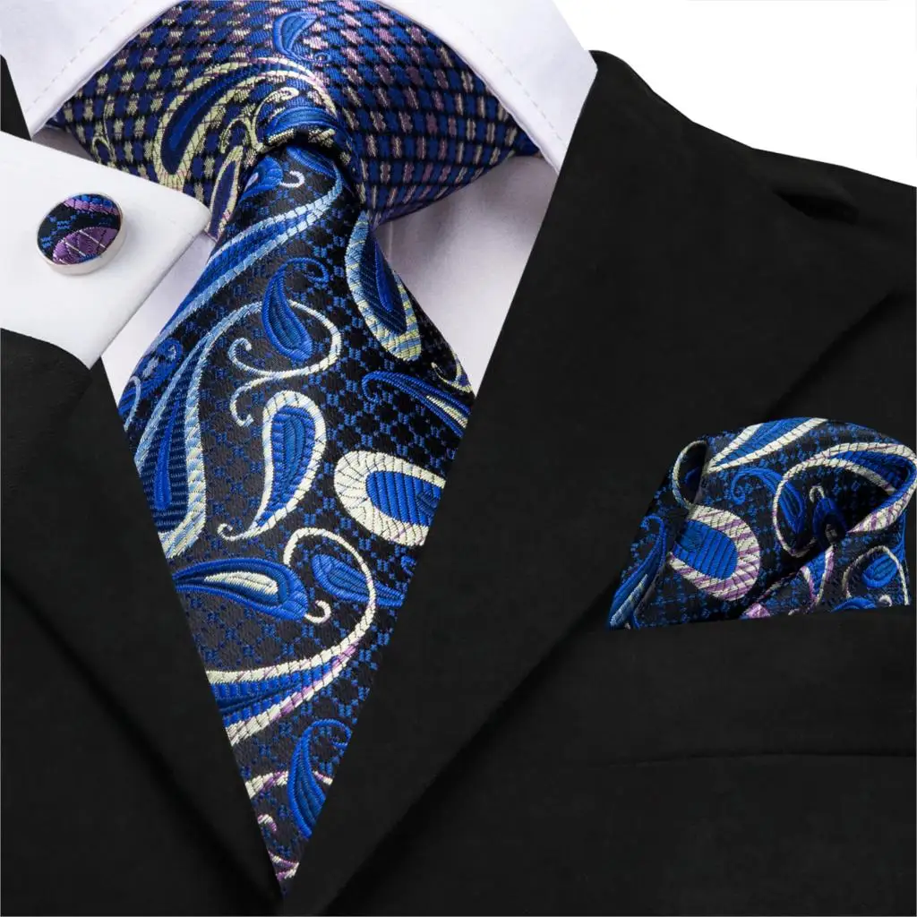 Фото Синие галстуки для мужчин Цветочный шелковый галстук свадьбы Синий Пейсли набор