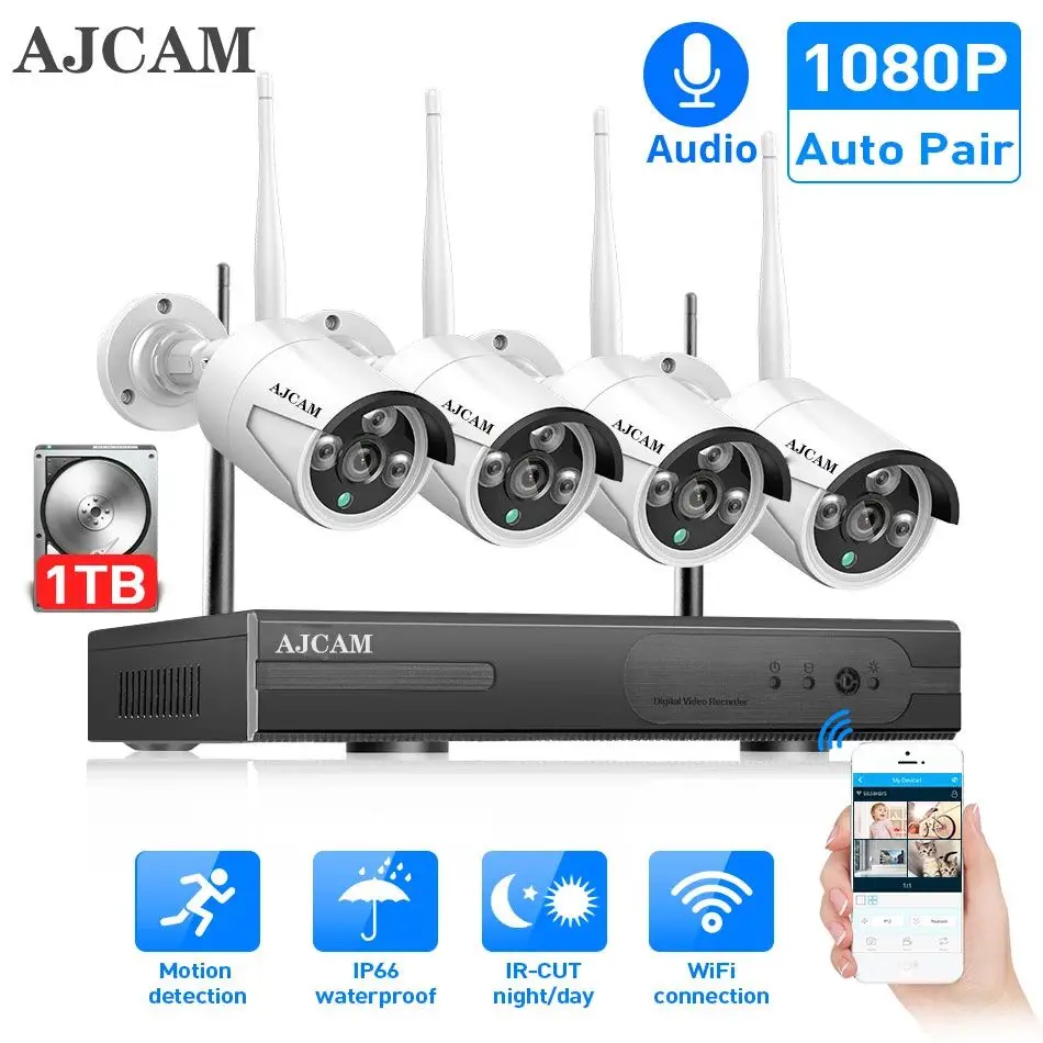 AJCAM 4CH Беспроводная CCTV система 1080P ТБ 4 шт. аудио 2MP NVR IP IR-CUT наружная камера