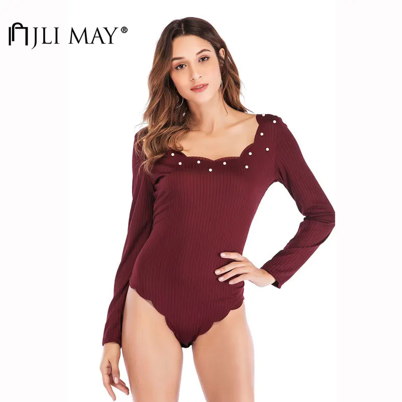 

JLI MAY Women Bodysuit Cotton Solid WaveO-neck Patchwork Pearl Casual Skinny Slim Bodysuits