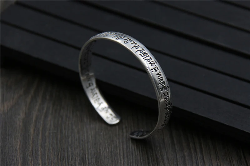 925 Sterling Silver Sanskrit Six-character Word Open Bracelet Fashion Buddhist Text Bracelet Classic Retro Men and Women Models